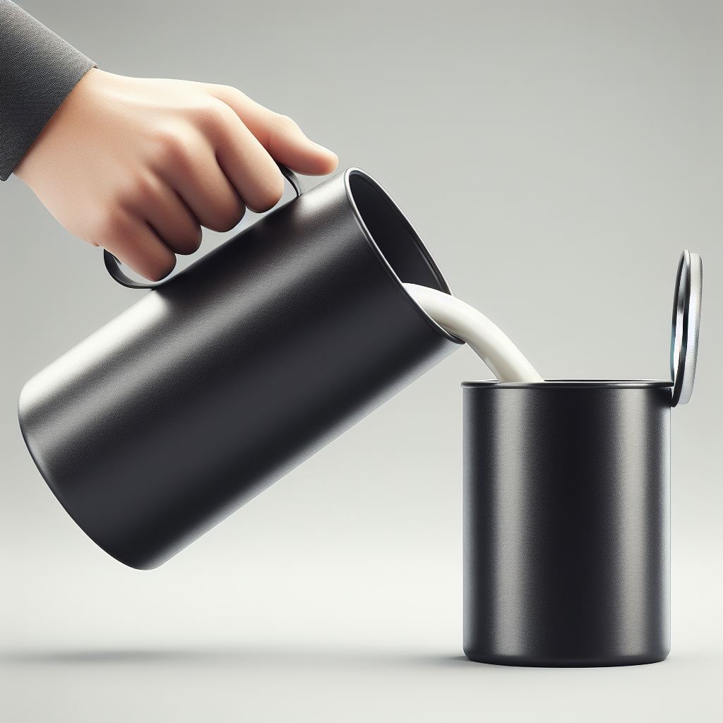 Una mano echando leche desde un recipiente cilíndrico de aluminio de color negro en otro recipiente de aluminio de color negro de forma cilíndrica alargada y un mango más largo en el lado derecho.