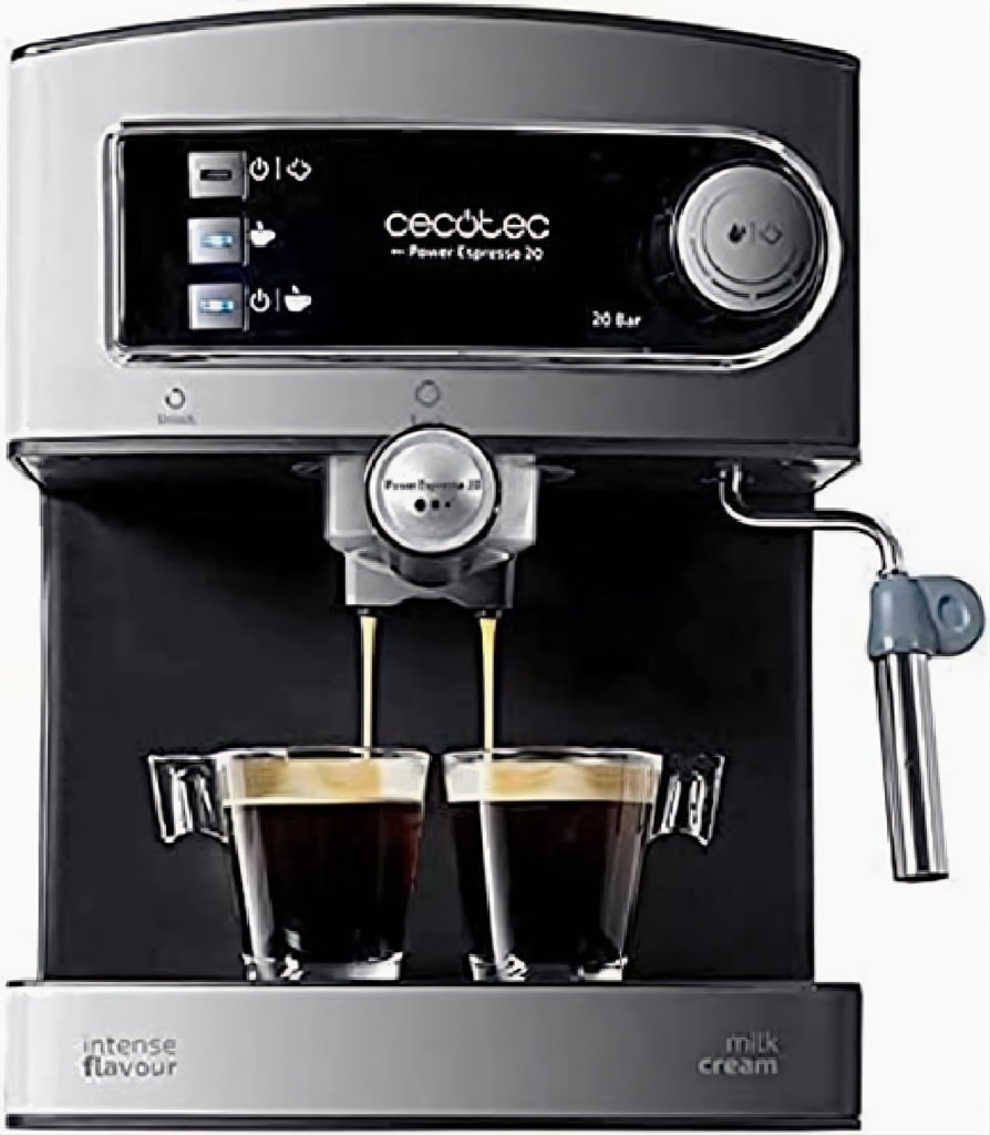 Cecotec Power Espresso 20 Bar Coffee Machine dispensando dos tazas de café expreso